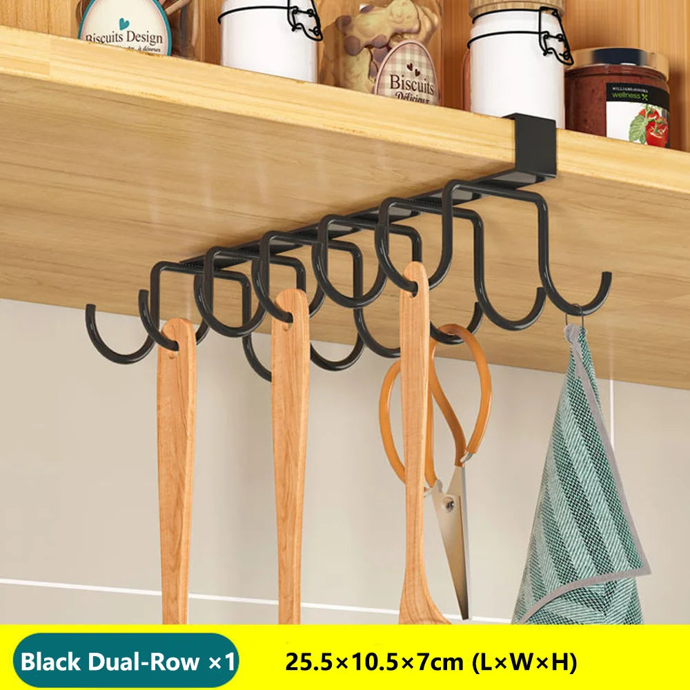 Space Saving Kitchen Organizer: Under Cabinet Hanging Rack with Hooks for Towels Cutting Boards & Pot Lids