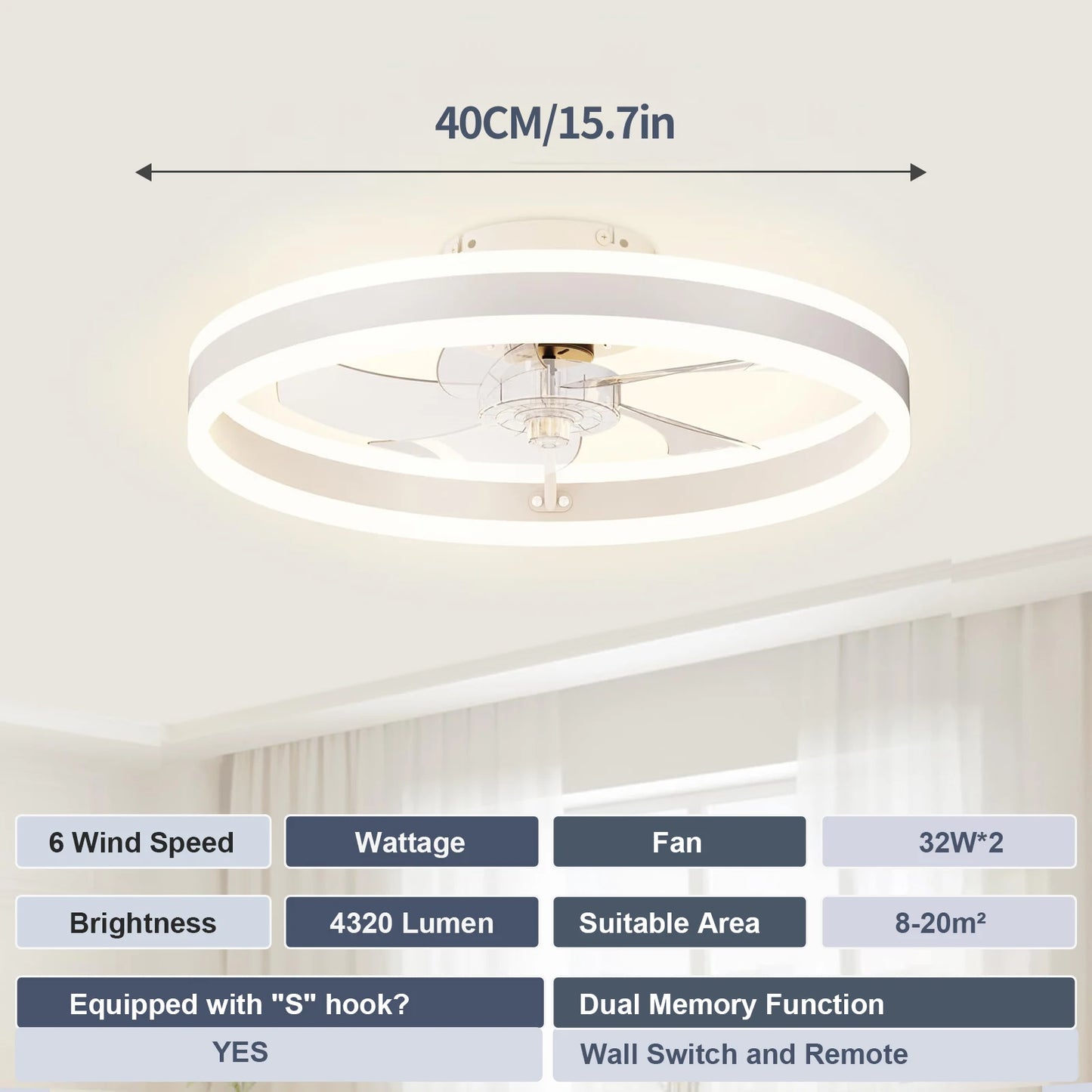 Ceiling Fan & Light, 19.6" Dimmable, 6-Speed Control
