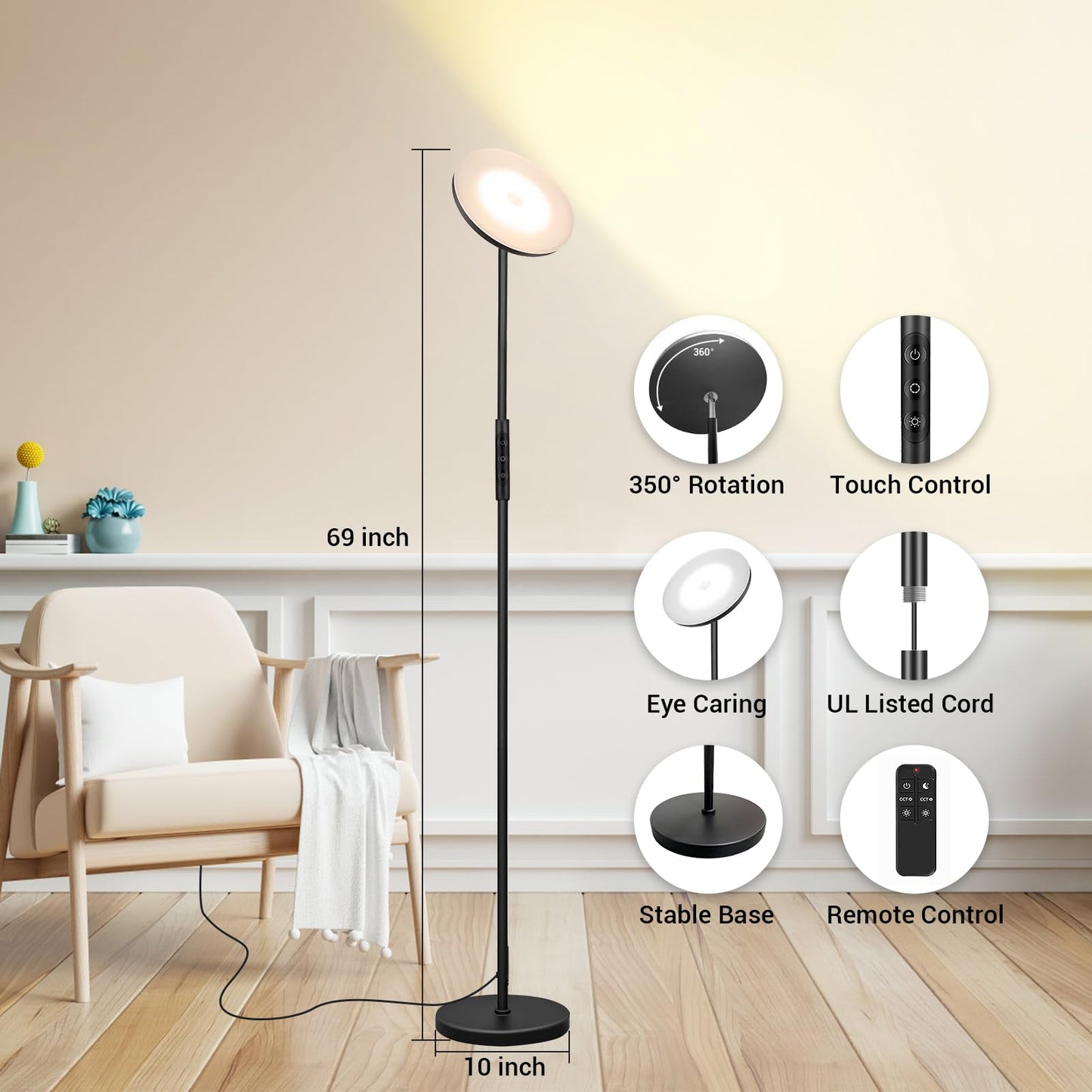 Super Bright LED Floor Lamp 36W 3600L - Remote & Dimmable