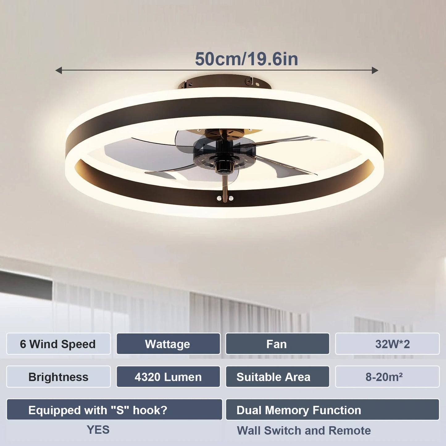 Ceiling Fan & Light, 19.6" Dimmable, 6-Speed Control