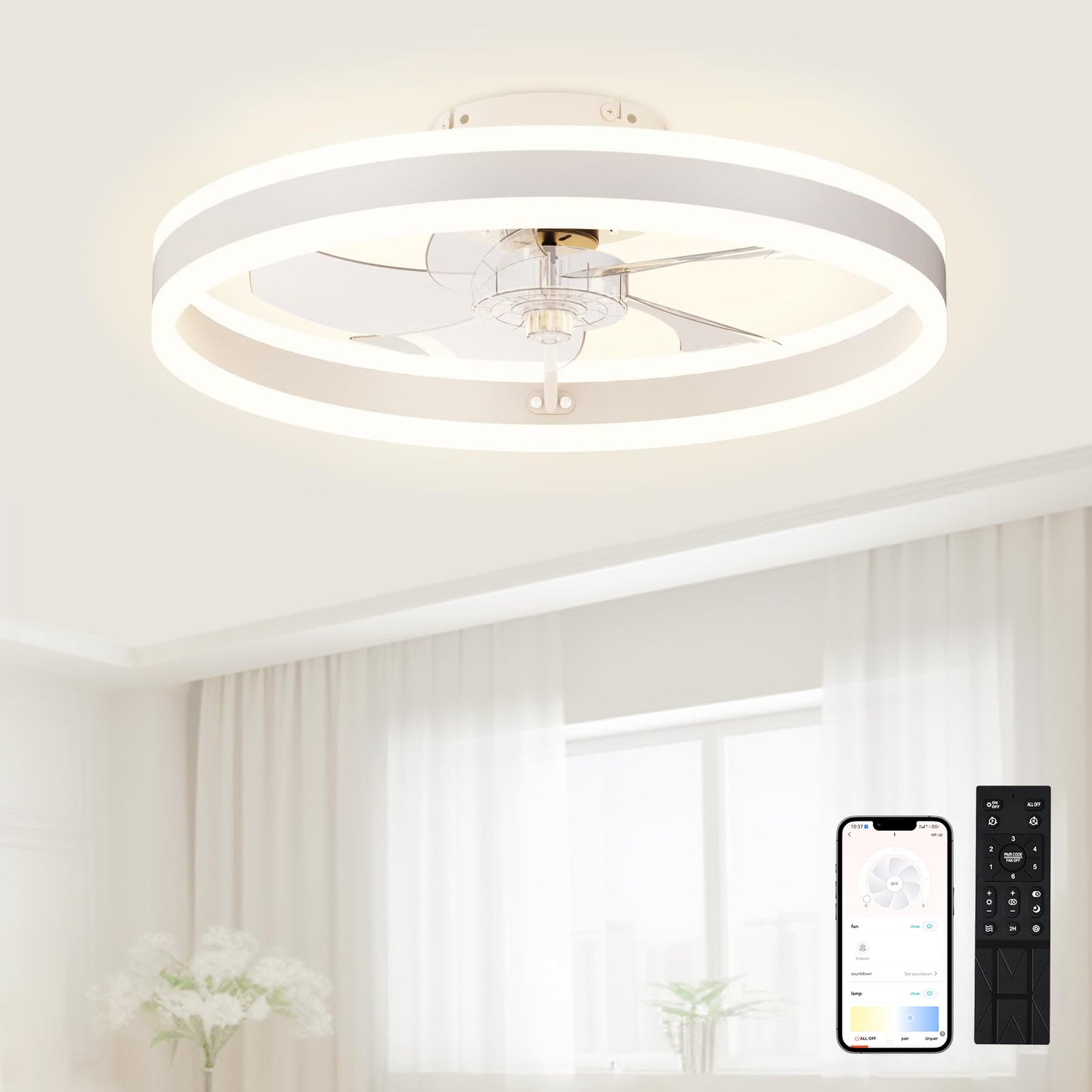 Ceiling Fan & Light, 19.6" Dimmable, 6-Speed Control