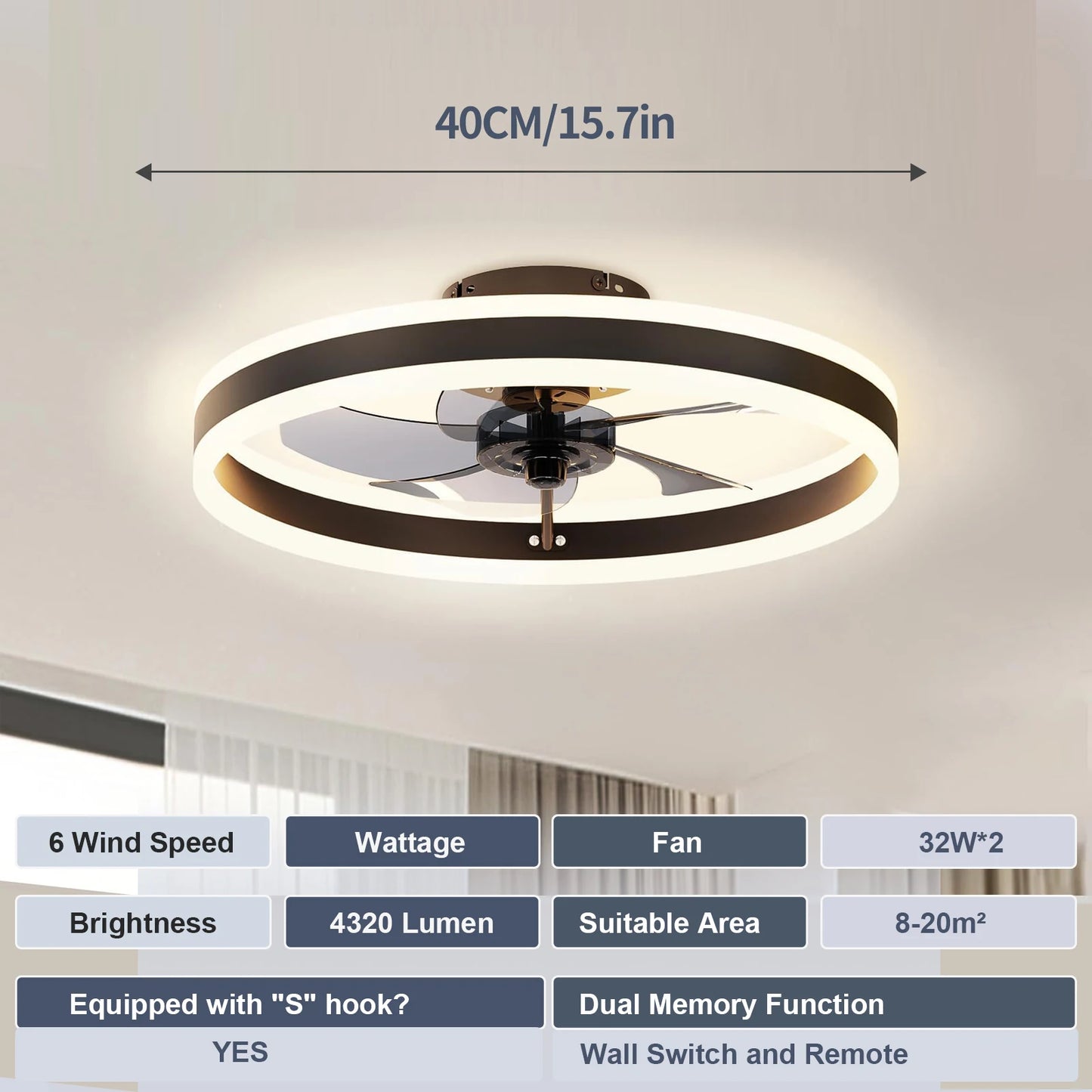 Ceiling Fan & Light, 19.6" Dimmable, 6-Speed Control