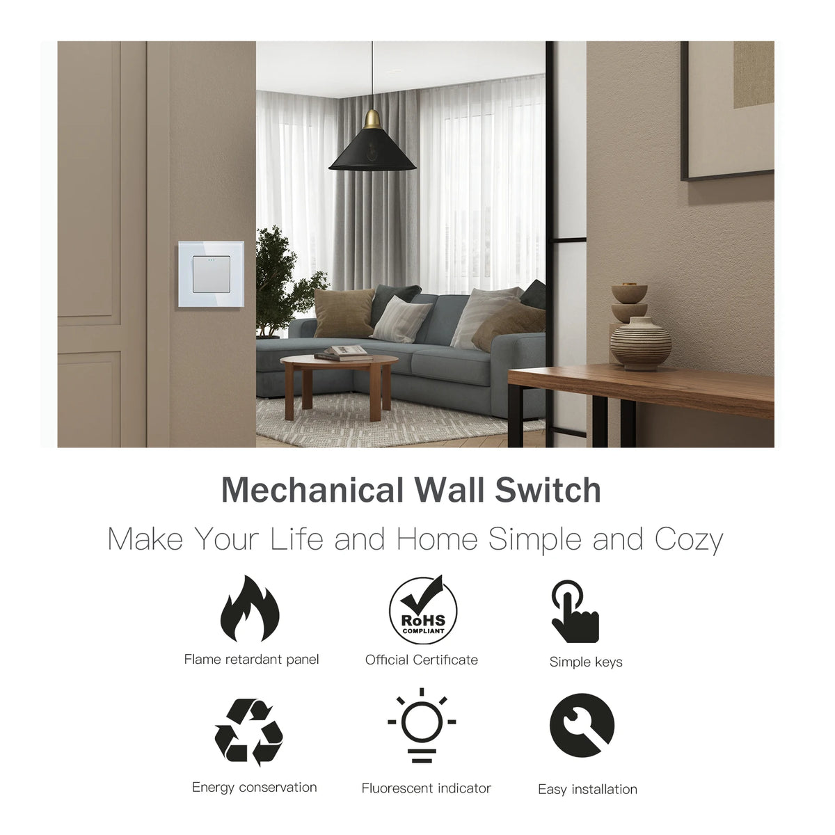 BSEED Mechanical Wall Button Switch 1Gang 1Way Wall Power Socket Glass Frame USB Type-C Charge Port Home Improvement