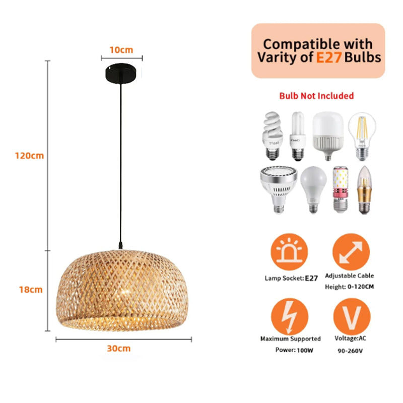Rattan Pendant Lamp: 30cm Bamboo LED Hanging Light