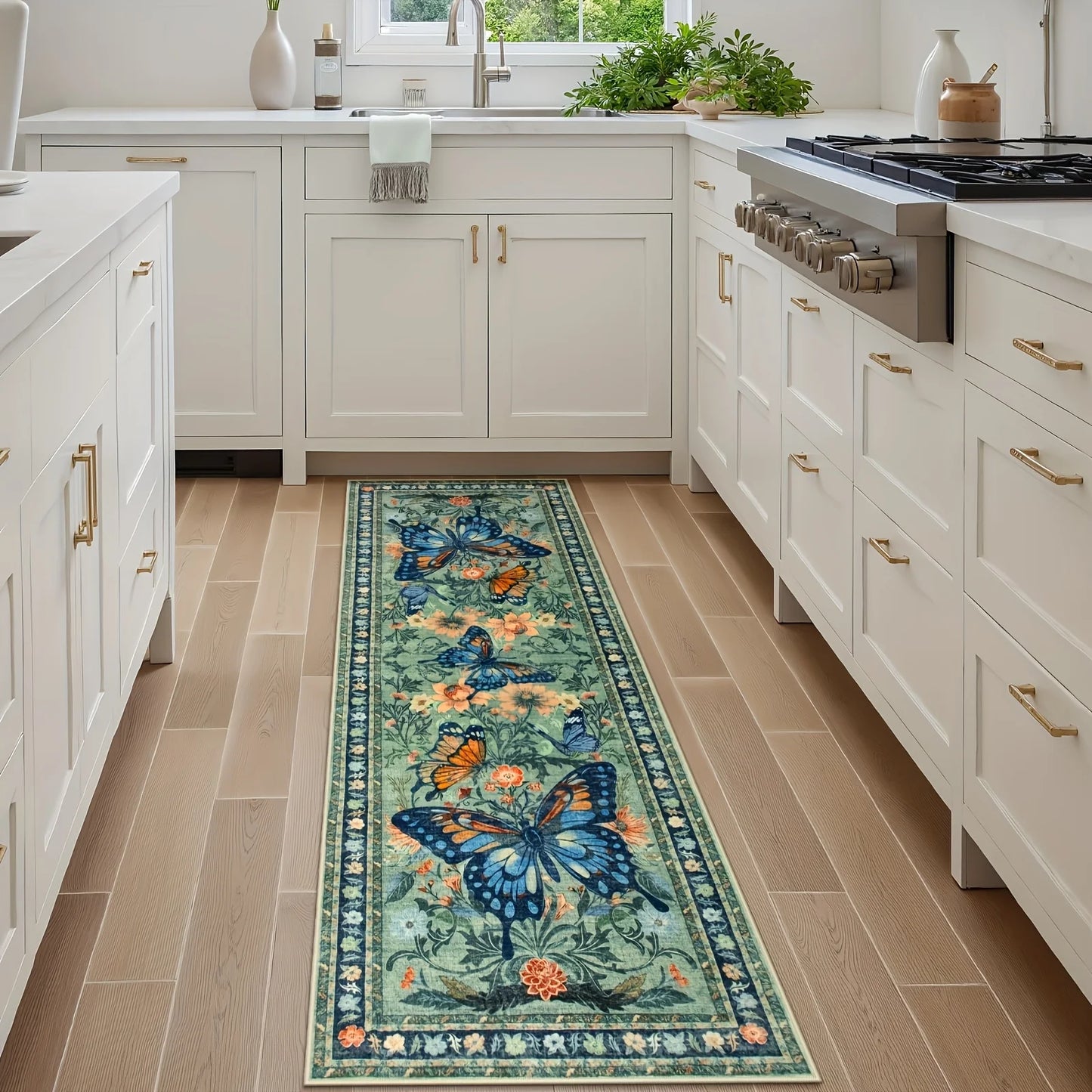 Vintage Butterfly Floral Runner Rug - Boho Hallway Carpet