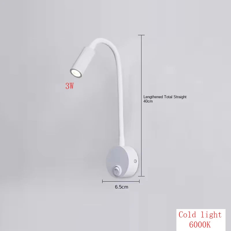 3W LED Gooseneck Reading Wall Lamp Flexible Adjustable With Switch Work Study Wall Mounted 85-265V Bedroom Bedside Night Light