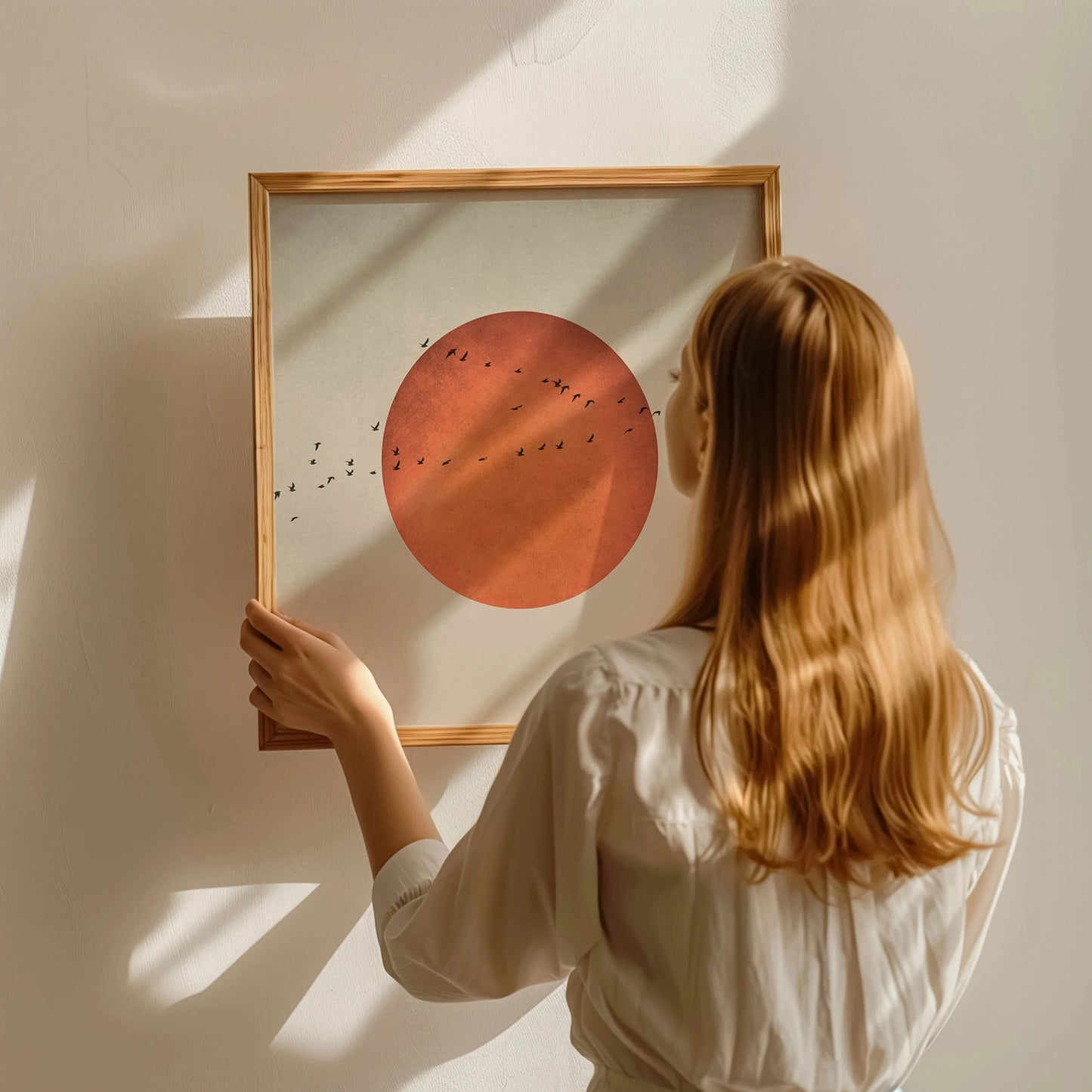 1pcs Minimalist Japanese style blood moon and birds wall art, abstract landscape square print for living room decor, home decor