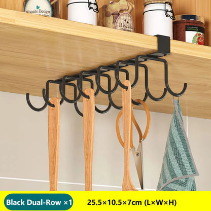 Space Saving Kitchen Organizer: Under Cabinet Hanging Rack with Hooks for Towels Cutting Boards & Pot Lids