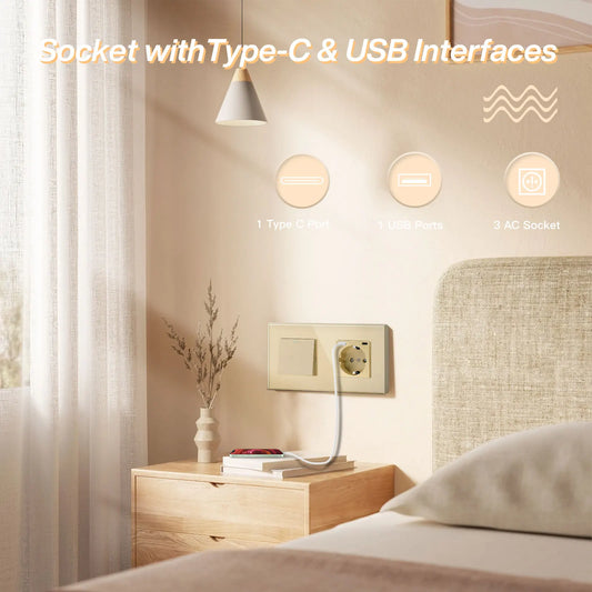 BSEED Mechanical Wall Button Switch 1Gang 1Way Wall Power Socket Glass Frame USB Type-C Charge Port Home Improvement