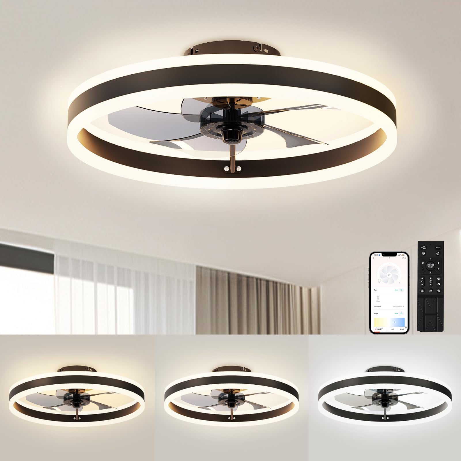 Ceiling Fan & Light, 19.6" Dimmable, 6-Speed Control