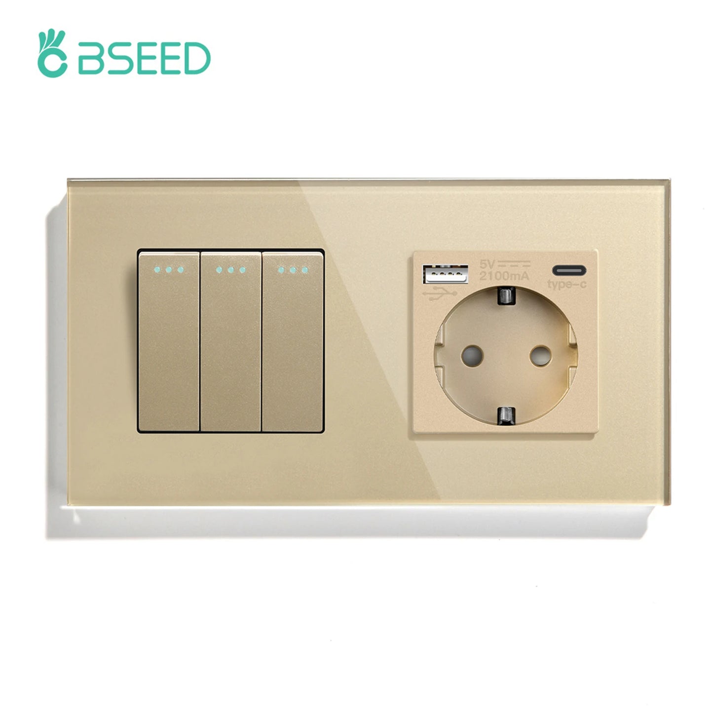 BSEED Mechanical Wall Button Switch 1/2/3Gang 1Way Wall Power Socket Glass Frame USB Type-C Charge Port Home Improvement
