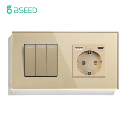 BSEED Mechanical Wall Button Switch 1/2/3Gang 1Way Wall Power Socket Glass Frame USB Type-C Charge Port Home Improvement