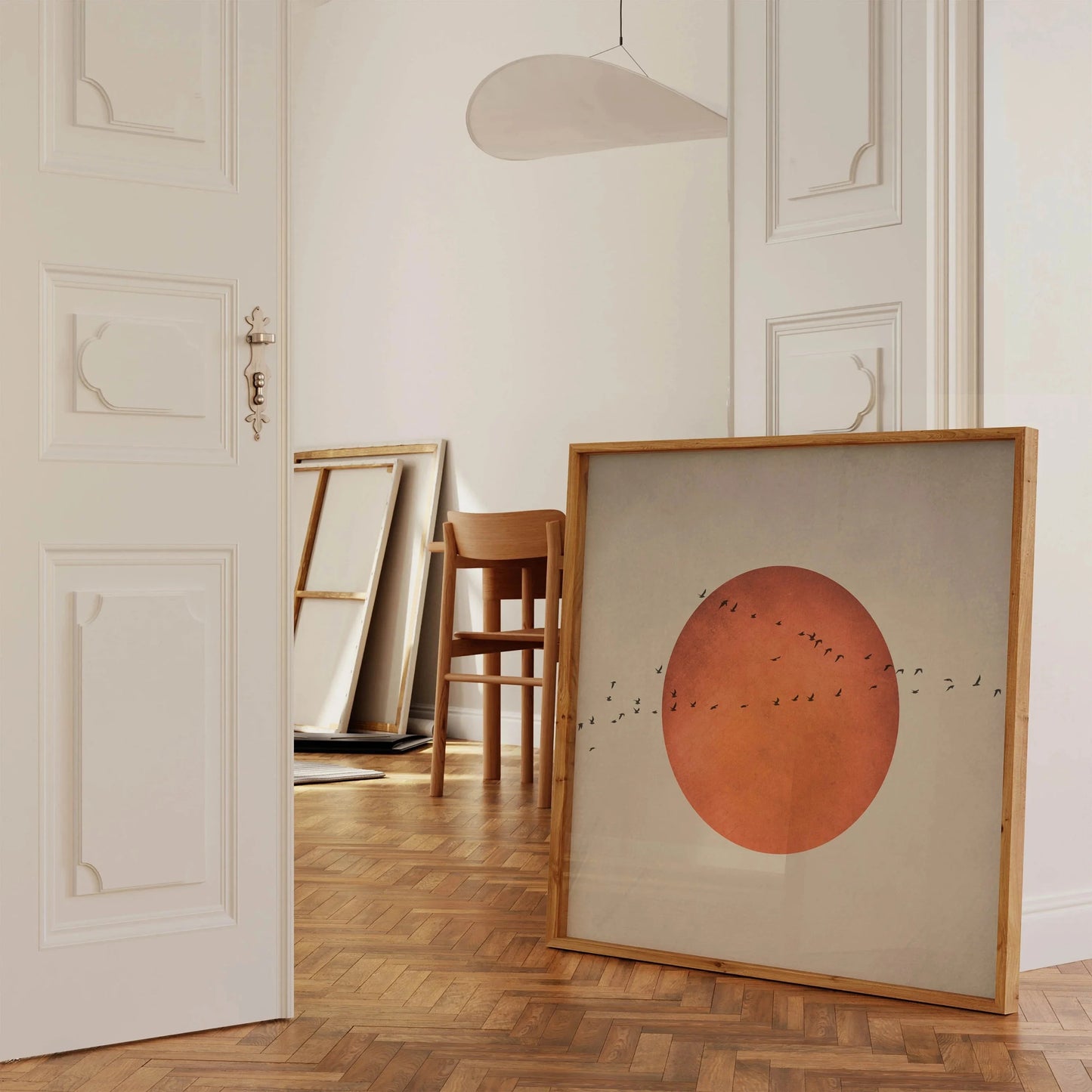 1pcs Minimalist Japanese style blood moon and birds wall art, abstract landscape square print for living room decor, home decor