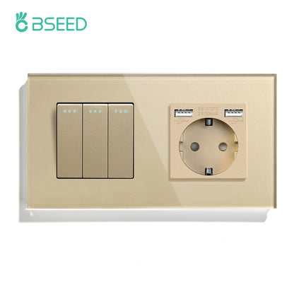 BSEED Mechanical Wall Button Switch 1/2/3Gang 1Way Wall Power Socket Glass Frame USB Type-C Charge Port Home Improvement