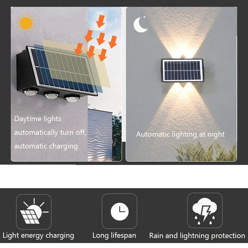 Sunlight Powered 4/6/8LEDs Solar Wall Lamp,Outdoor Waterproof Solar Light,Up and Down Luminous Lighting for Yard Garden Decor