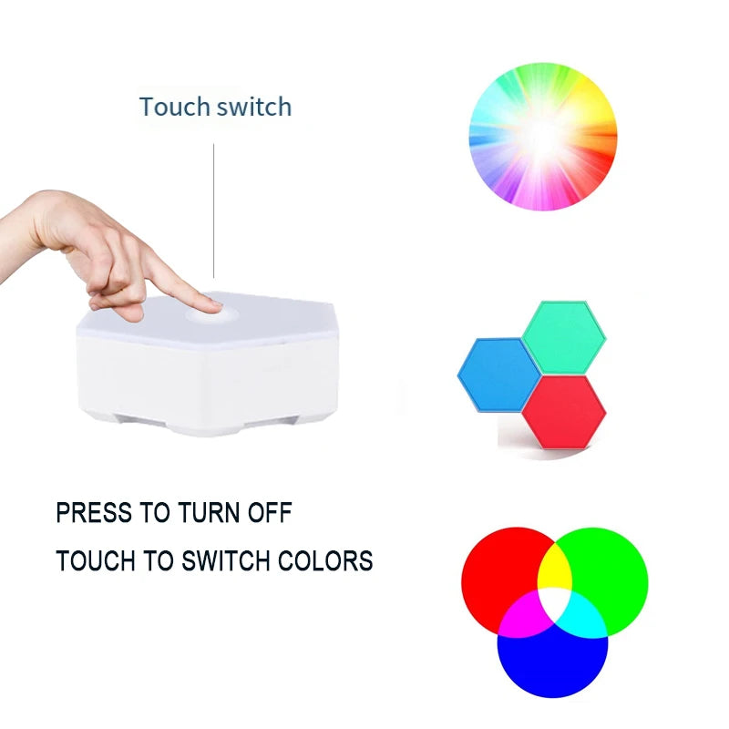 RGB LED Hexagon Touch Wall Lamp - Wireless Colorful Night Light