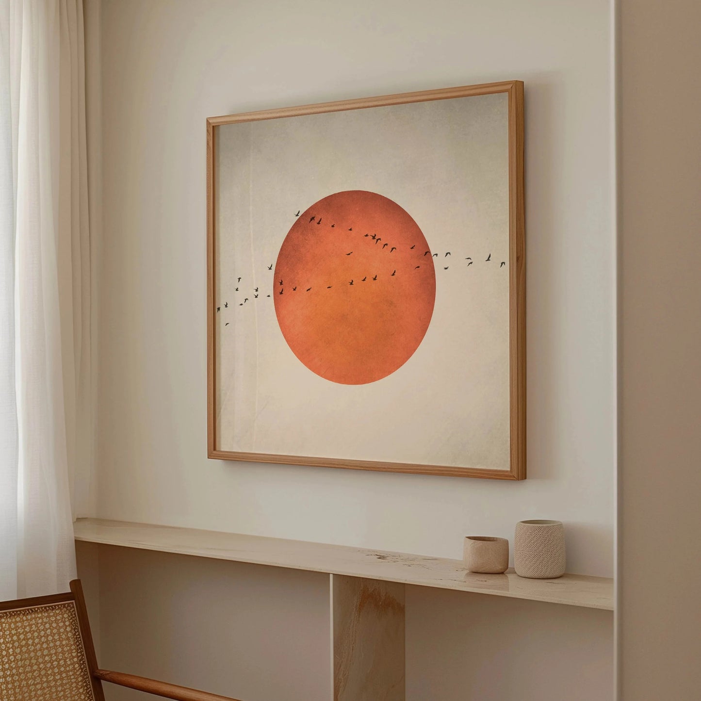 1pcs Minimalist Japanese style blood moon and birds wall art, abstract landscape square print for living room decor, home decor