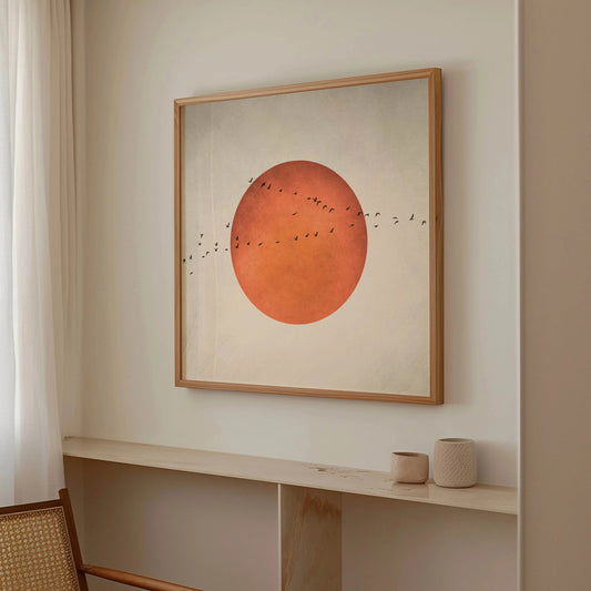 1pcs Minimalist Japanese style blood moon and birds wall art, abstract landscape square print for living room decor, home decor