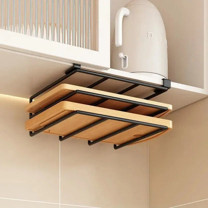 Space Saving Kitchen Organizer: Under Cabinet Hanging Rack with Hooks for Towels Cutting Boards & Pot Lids