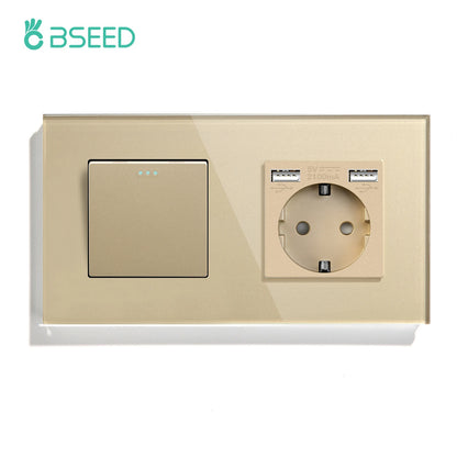 BSEED Mechanical Wall Button Switch 1/2/3Gang 1Way Wall Power Socket Glass Frame USB Type-C Charge Port Home Improvement