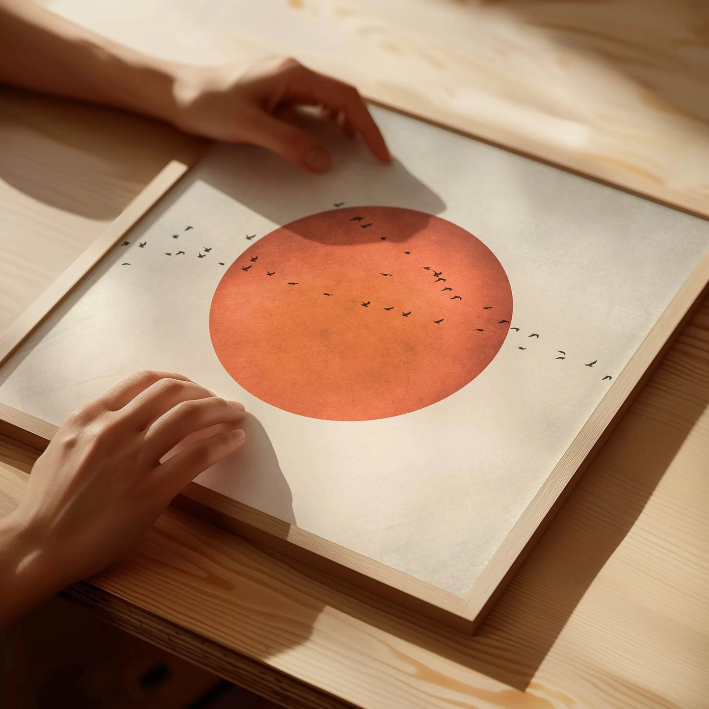 1pcs Minimalist Japanese style blood moon and birds wall art, abstract landscape square print for living room decor, home decor