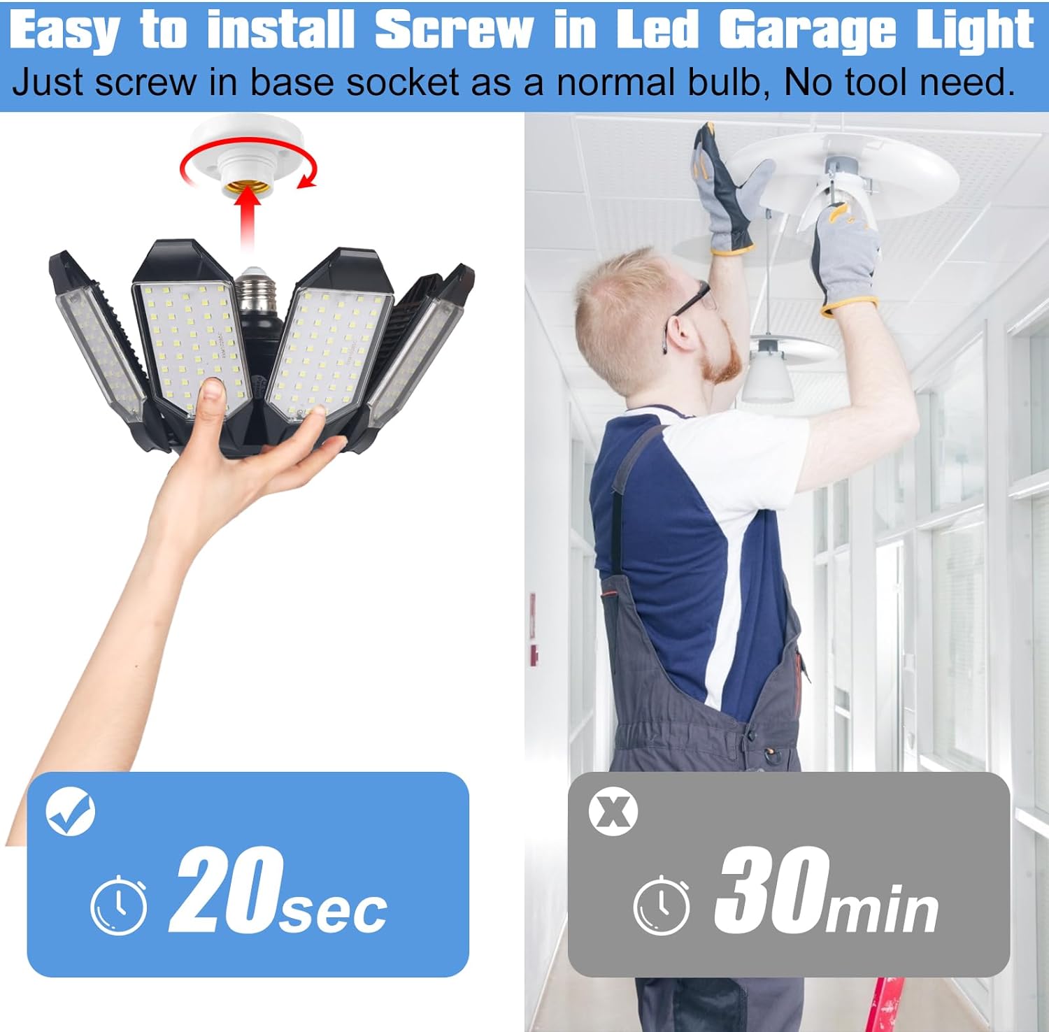 LED Garage Light Bulbs, Super Bright 8+1 Panel E27 Socket