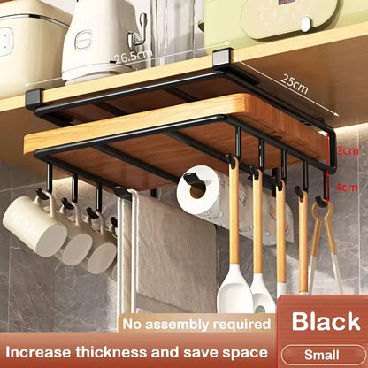 Space Saving Kitchen Organizer: Under Cabinet Hanging Rack with Hooks for Towels Cutting Boards & Pot Lids