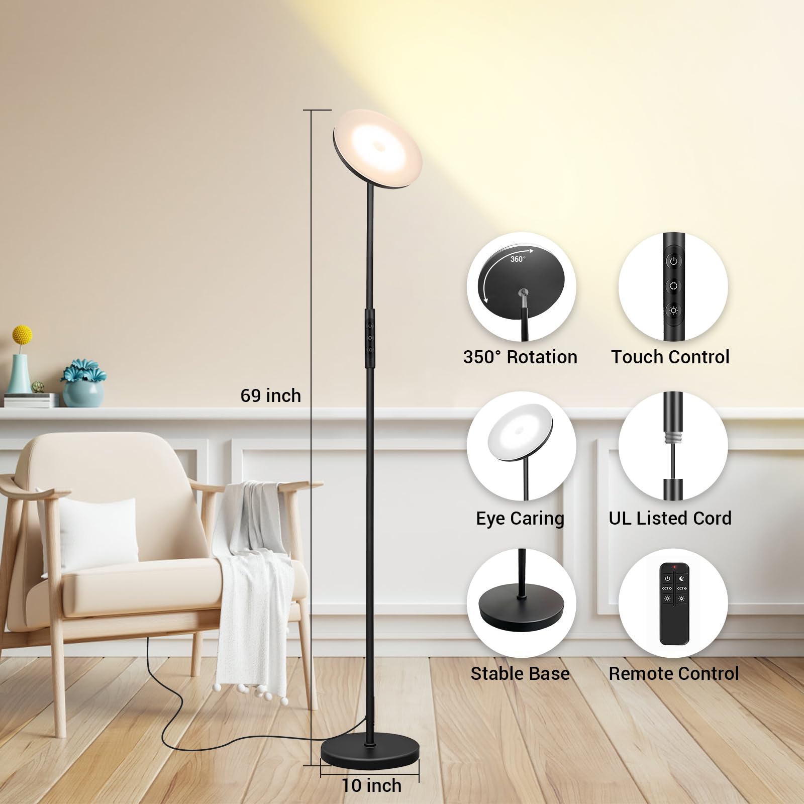 Super Bright LED Floor Lamp 36W 3600L - Remote & Dimmable