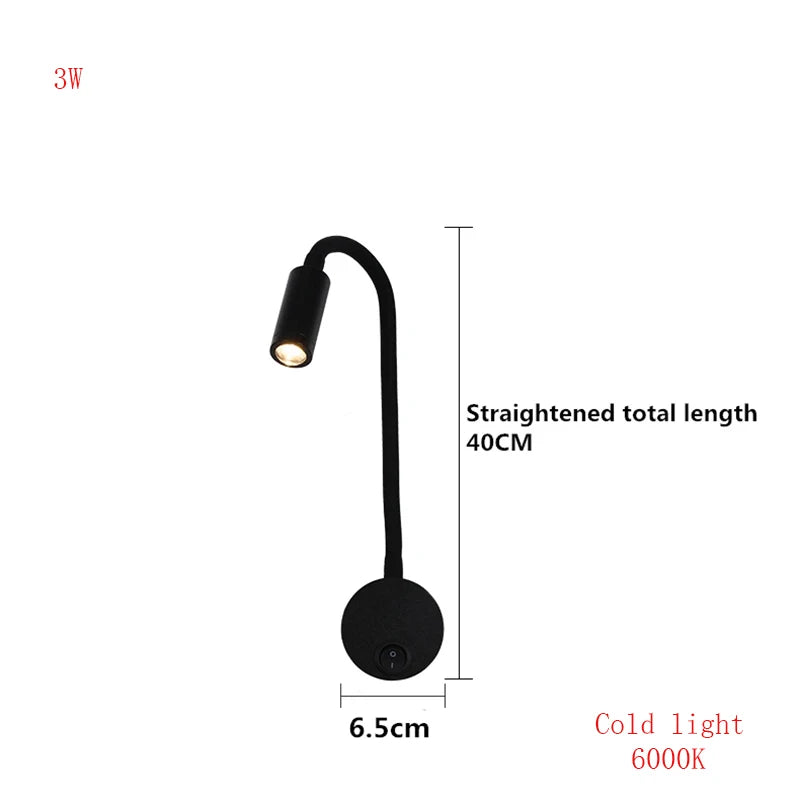 3W LED Gooseneck Reading Wall Lamp Flexible Adjustable With Switch Work Study Wall Mounted 85-265V Bedroom Bedside Night Light