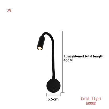3W LED Gooseneck Reading Wall Lamp Flexible Adjustable With Switch Work Study Wall Mounted 85-265V Bedroom Bedside Night Light
