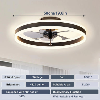 Ceiling Fan & Light, 19.6" Dimmable, 6-Speed Control