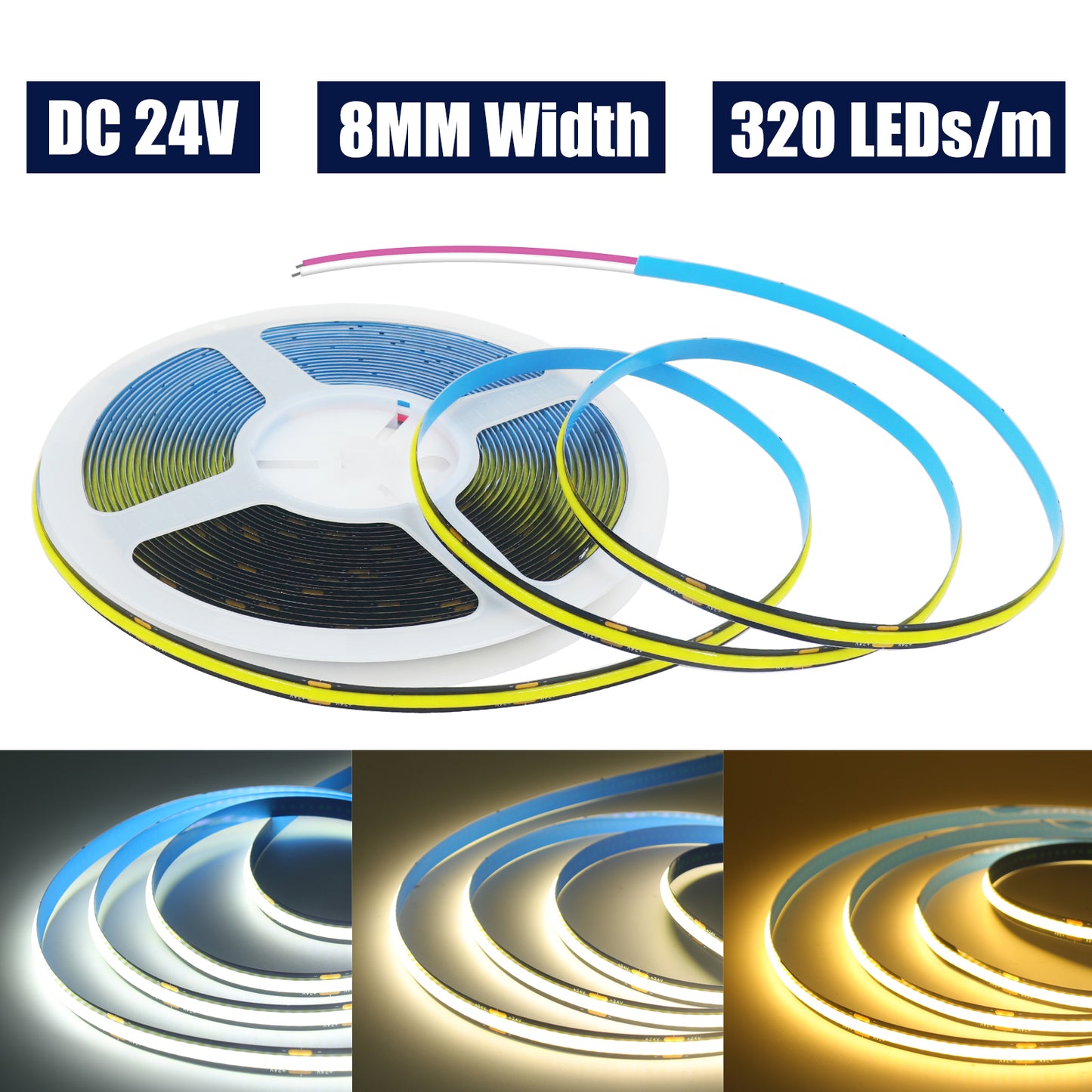 Led Strip Lights: DC24V COB LED Strip 320LEDs/m High Brightness Flexible Tape