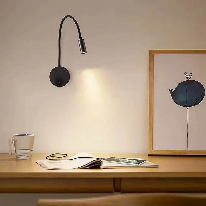 3W LED Gooseneck Reading Wall Lamp Flexible Adjustable With Switch Work Study Wall Mounted 85-265V Bedroom Bedside Night Light