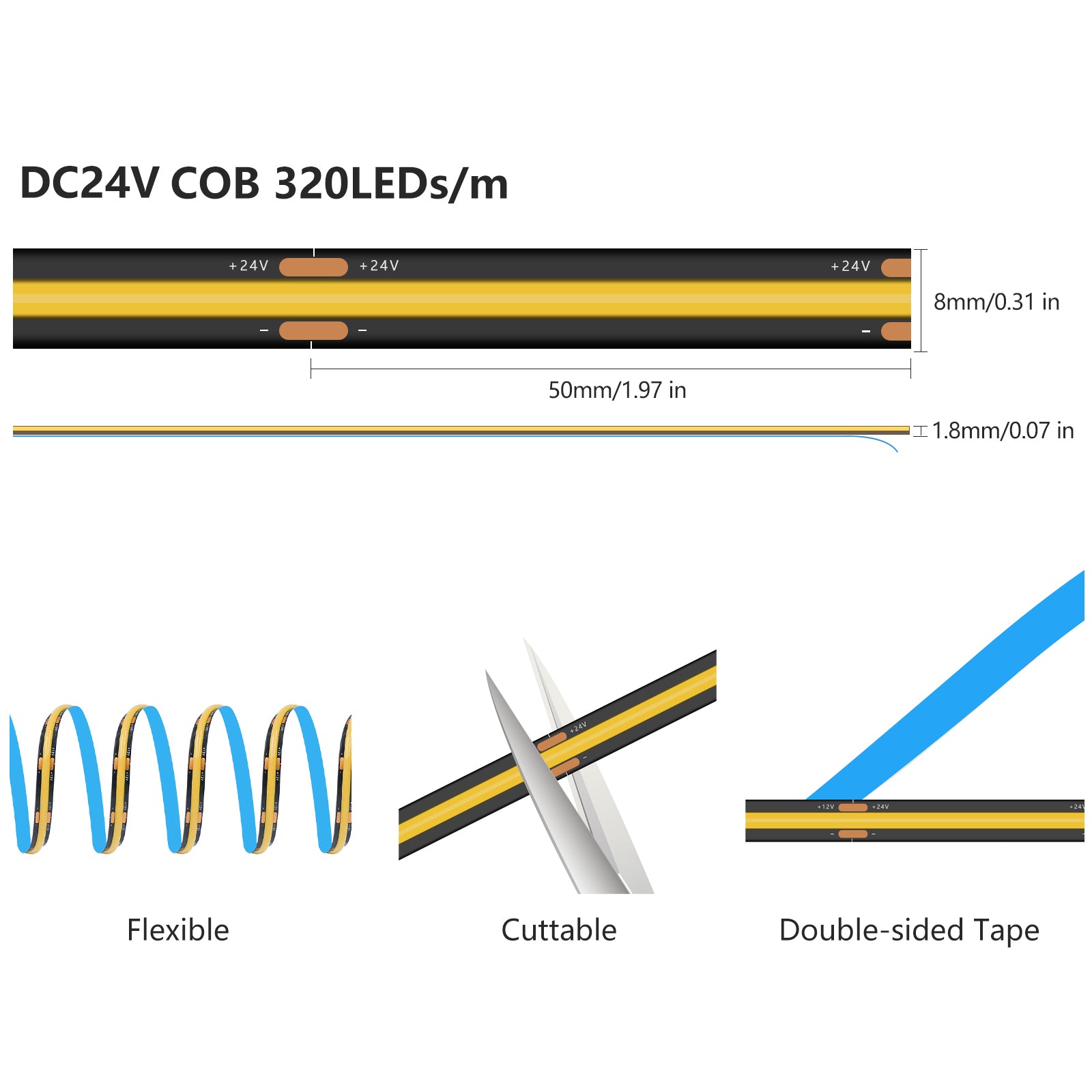 Led Strip Lights: DC24V COB LED Strip 320LEDs/m High Brightness Flexible Tape