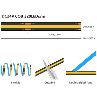 Led Strip Lights: DC24V COB LED Strip 320LEDs/m High Brightness Flexible Tape