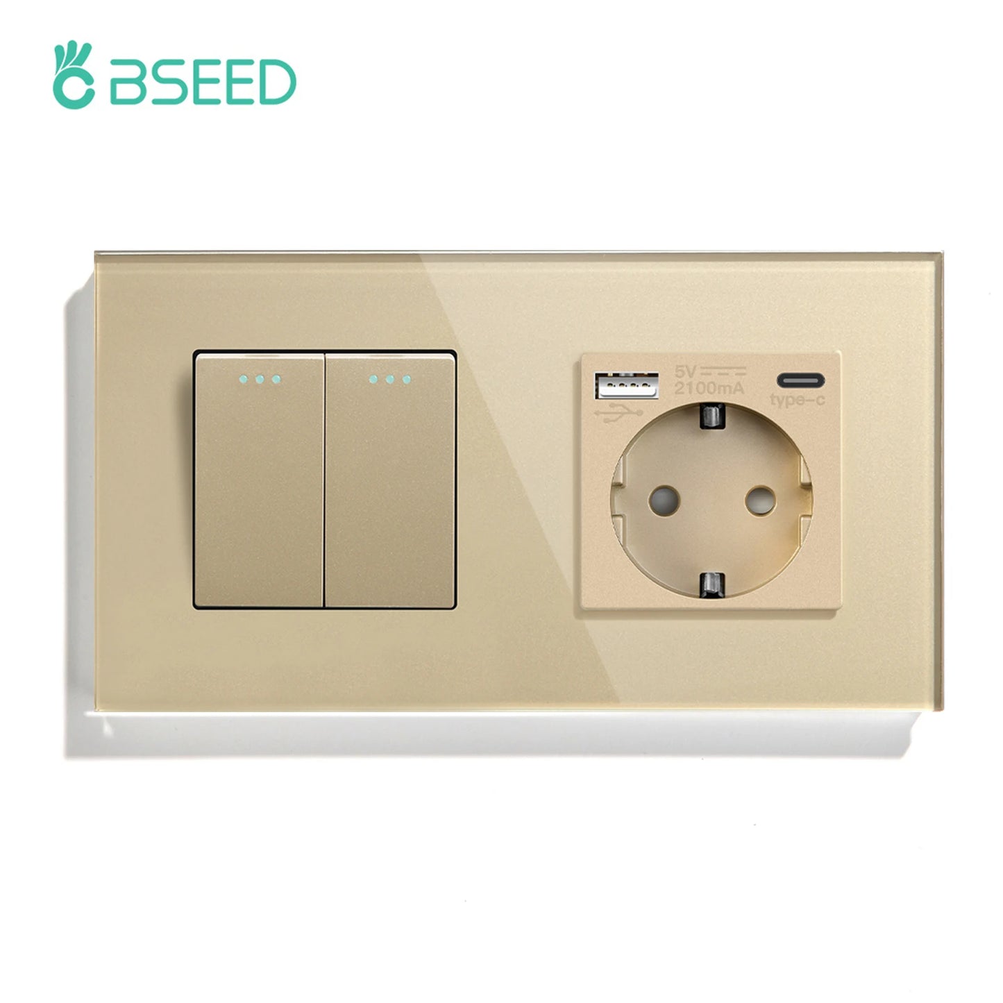 BSEED Mechanical Wall Button Switch 1/2/3Gang 1Way Wall Power Socket Glass Frame USB Type-C Charge Port Home Improvement