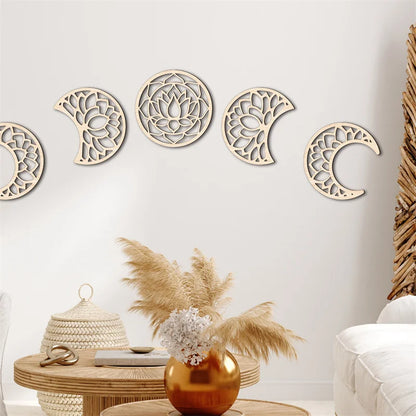 Wall Decor - 5Pcs Wooden Nordic Art Set Boho Moon Phase 