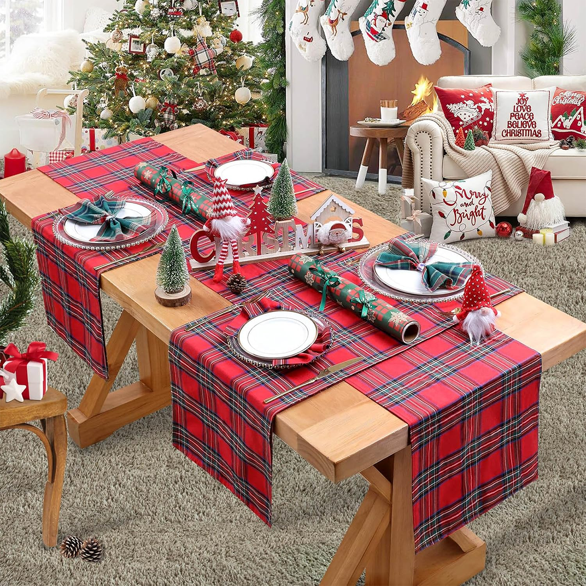 Table Runner Red Tartan Plaid Napkins Set