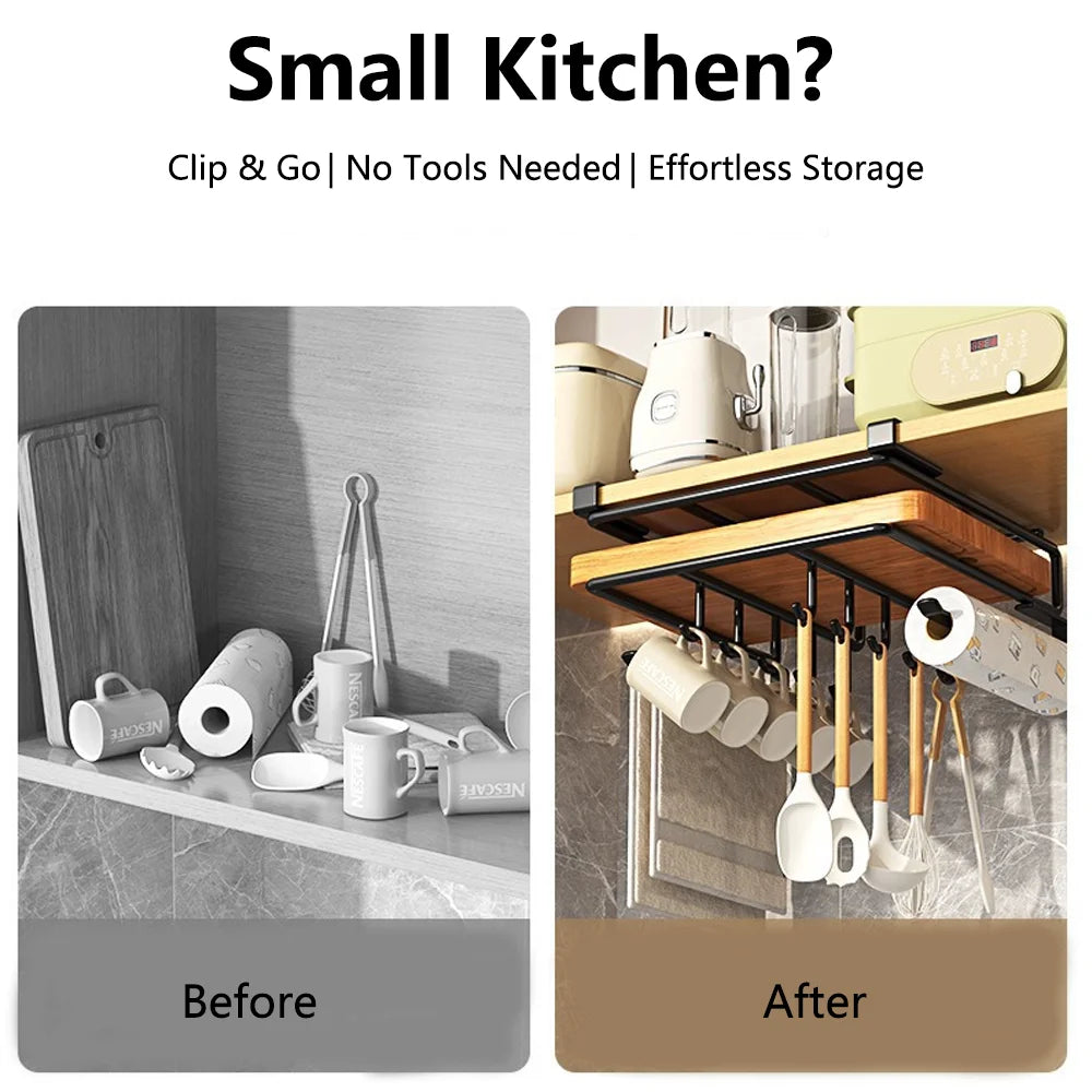 Space Saving Kitchen Organizer: Under Cabinet Hanging Rack with Hooks for Towels Cutting Boards & Pot Lids