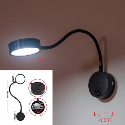 3W LED Gooseneck Reading Wall Lamp Flexible Adjustable With Switch Work Study Wall Mounted 85-265V Bedroom Bedside Night Light