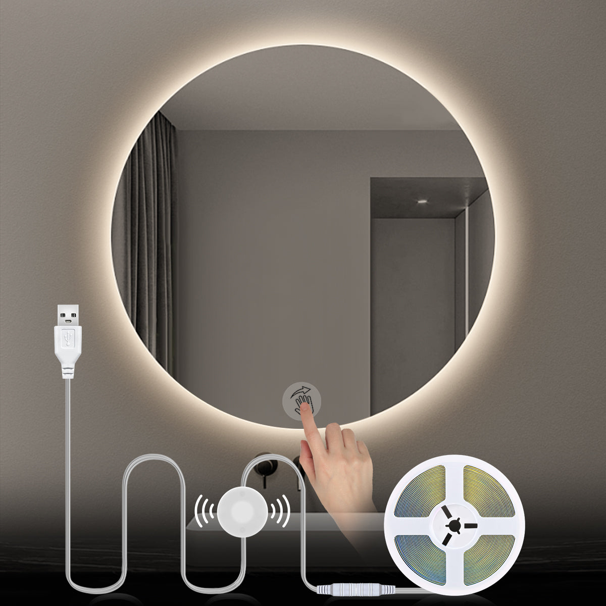 Vanity Light: USB 5V COB LED Strip Vanity Light with Touch Dimmer