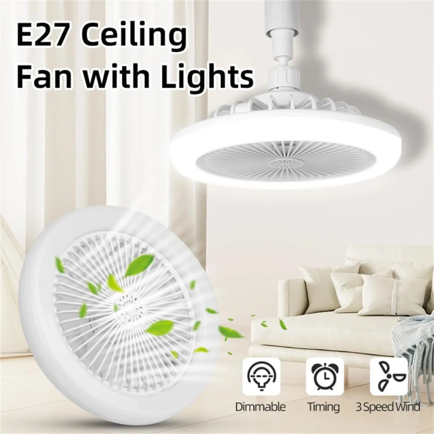 JOYINLED E27 Ceiling Fan Lamp with Remote Control White ABS Socket Fan Light for Kitchen Bedroom Room Decor