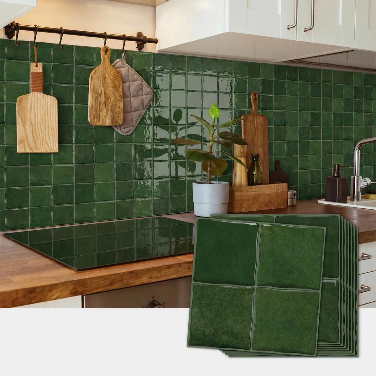 Dark Green Wall Tile Stickers Self-Adhesive PET+PU Waterproof Peel and Stick Backsplash for Kitchen Bathroom Home Decoration