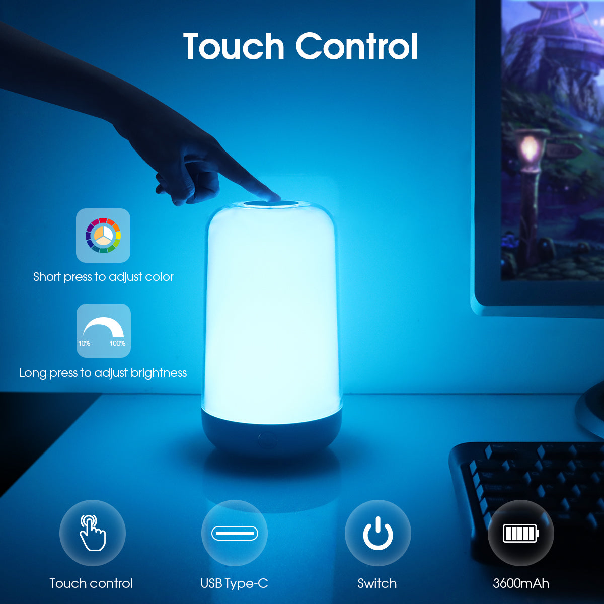 Table Lamp: Bluetooth Smart Touch RGB LED Bedside Lamp USB Rechargeable