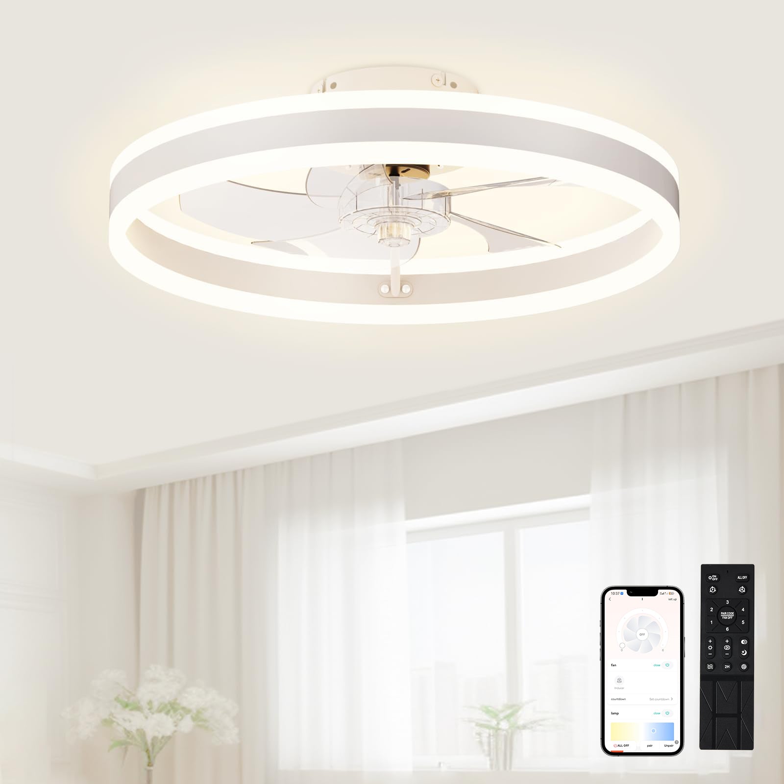 Ceiling Fan & Light, 19.6" Dimmable, 6-Speed Control