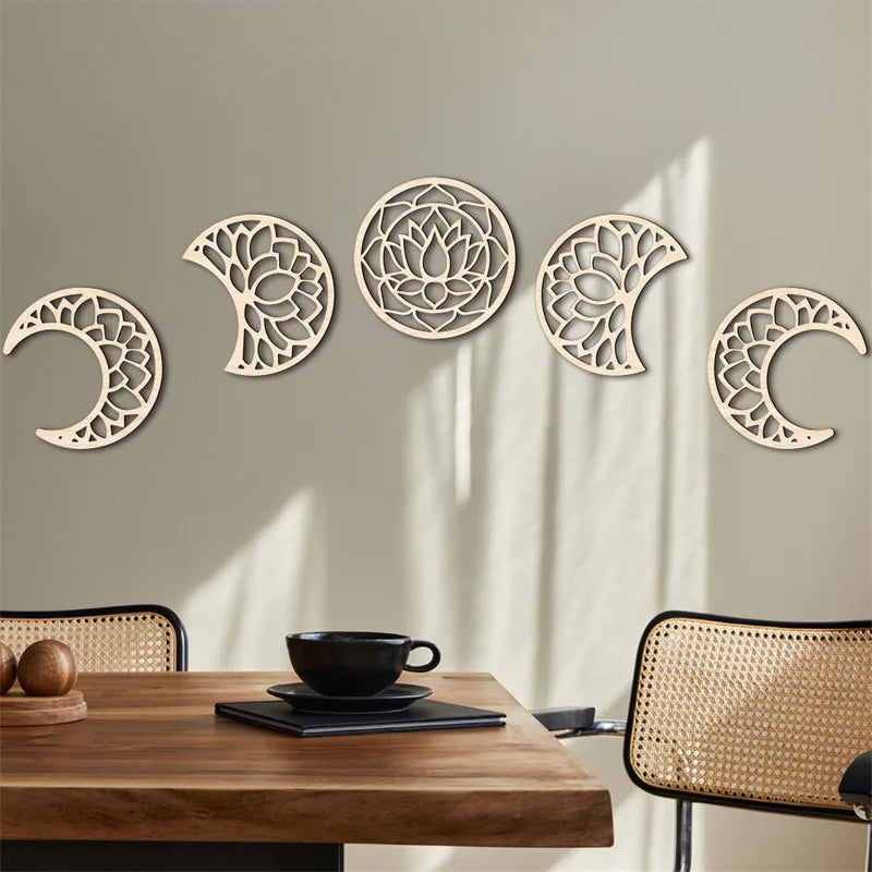 Wall Decor - 5Pcs Wooden Nordic Art Set Boho Moon Phase 