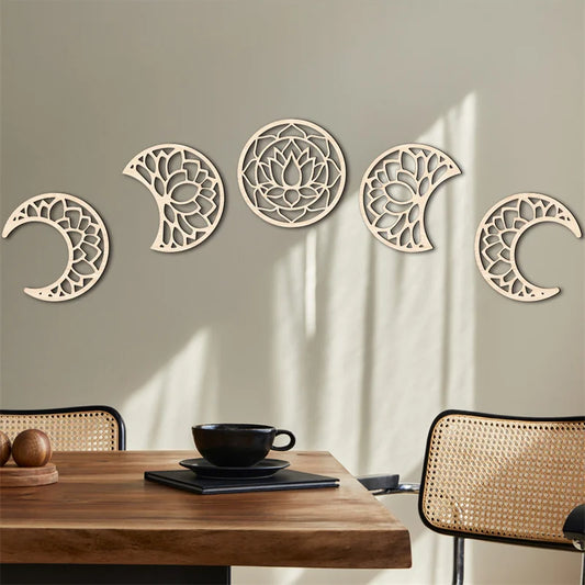 Wall Decor - 5Pcs Wooden Nordic Art Set Boho Moon Phase 