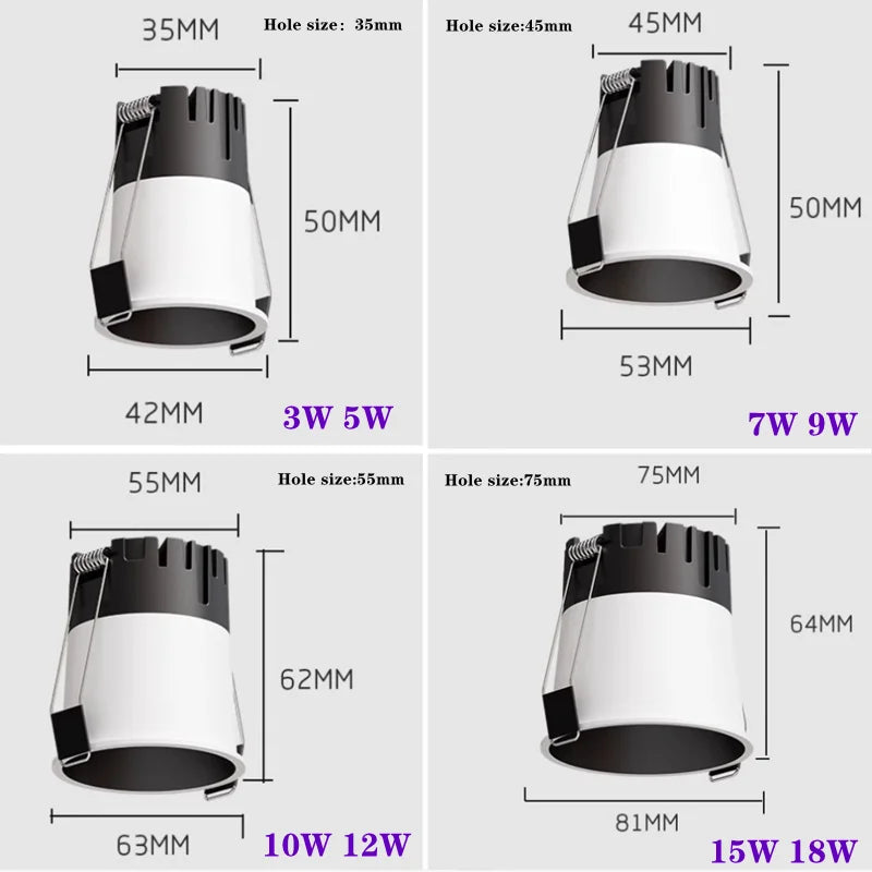 Mini Anti-glare LED COB Spotlight 3W 5W 7W 10W 12W 15W Dimmable LED Downlight 18W 110V 220V Ceiling Lights For Indoor lighting