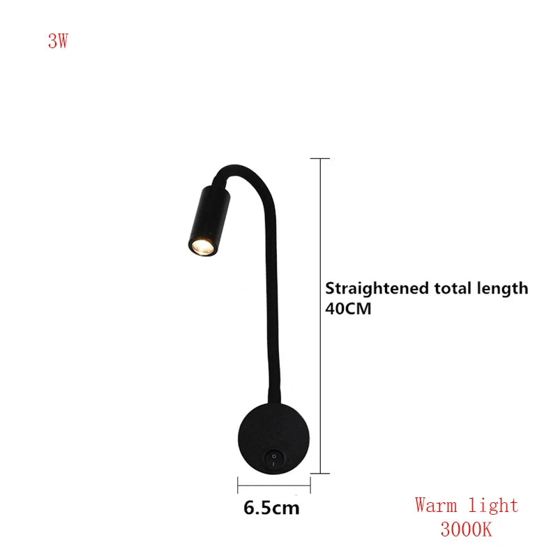 3W LED Gooseneck Reading Wall Lamp Flexible Adjustable With Switch Work Study Wall Mounted 85-265V Bedroom Bedside Night Light