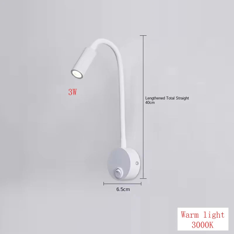 3W LED Gooseneck Reading Wall Lamp Flexible Adjustable With Switch Work Study Wall Mounted 85-265V Bedroom Bedside Night Light